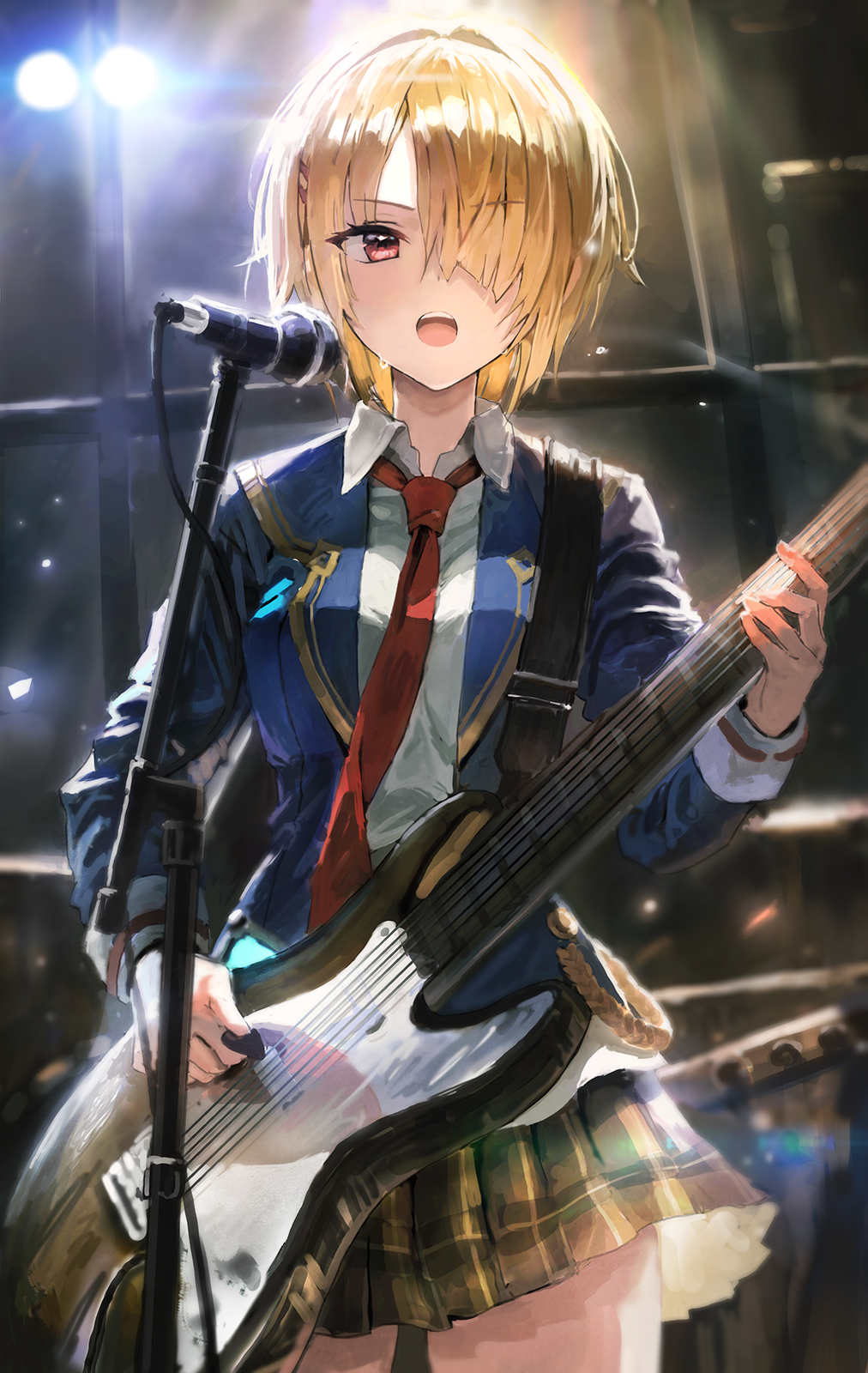 1girl backlighting between_breasts blonde_hair blue_jacket breasts collared_shirt commentary_request cowboy_shot electric_guitar facing_viewer guitar hair_over_one_eye hand_up heaven_burns_red highres holding holding_plectrum instrument jacket kayamori_ruka long_sleeves looking_ahead medium_breasts microphone_stand music necktie necktie_between_breasts one_eye_covered open_clothes open_jacket open_mouth plaid plaid_skirt playing_instrument pleated_skirt plectrum red_eyes red_necktie shirt short_hair singing skirt solo sonchi standing straight-on sweat teeth tongue upper_teeth_only white_shirt yellow_skirt