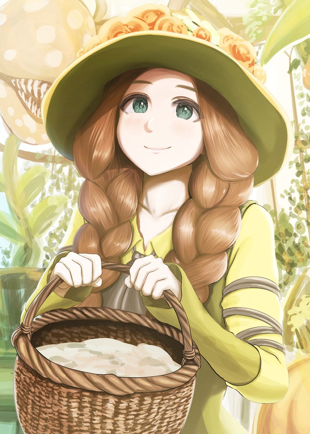 1girl basket braid carnivorous_plant dress flower green_dress green_eyes green_headwear harry_potter_(series) hat hat_flower highres hogwarts_legacy holding holding_basket long_hair long_sleeves looking_at_viewer low_twin_braids mirabel_garlick naziproteinhall plant smile twin_braids twintails witch_hat