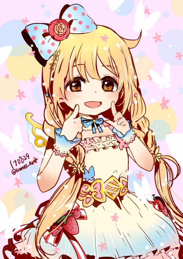 1girl blonde_hair bow braid brown_eyes commentary_request dated dress flat_chest frilled_dress frills futaba_anzu hair_bow idolmaster idolmaster_cinderella_girls korean_commentary low_twin_braids open_mouth polka_dot polka_dot_bow smile solo tianel_ent twin_braids twitter_username wrist_cuffs