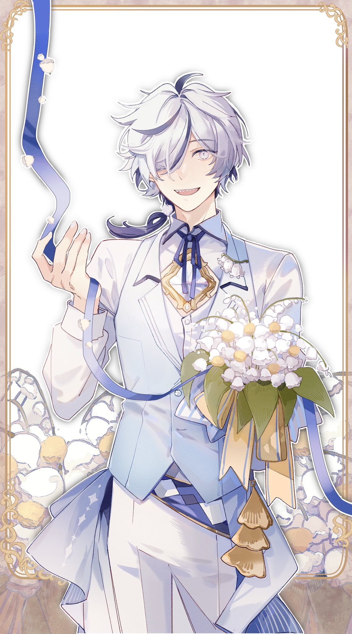 1boy bishounen black_hair blade_(nu_carnival) blue_ribbon bouquet flower gem hair_over_eyes highres holding holding_bouquet lily_of_the_valley long_sleeves looking_at_viewer male_focus multicolored_hair nu_carnival open_mouth ribbon sharp_teeth short_hair snowdrop_(flower) standing streaked_hair teeth violet_eyes white_flower white_hair zym89622531