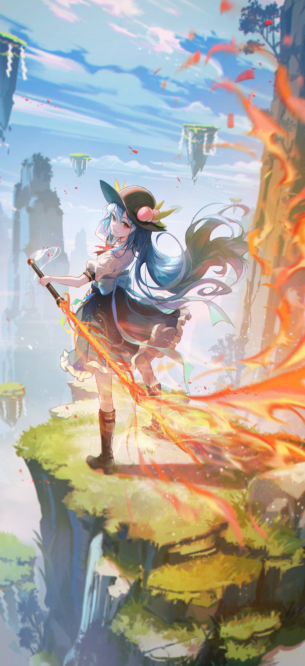 1girl absurdres black_headwear blue_hair blue_skirt blue_sky brown_footwear clouds fire flame flaming_sword flaming_weapon food fruit hat highres hinanawi_tenshi holding holding_weapon kyusoukyu leaf long_hair peach puffy_short_sleeves puffy_sleeves red_eyes scenery short_sleeves skirt sky solo standing sword sword_of_hisou touhou weapon