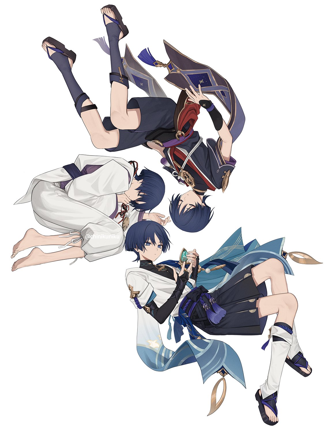 3boys arm_armor armor artist_name baggy_pants bangs bare_shoulders barefoot belt black_belt black_bow black_footwear black_shirt black_shorts black_vest blue_eyes blue_hair blue_vest blunt_ends bow chinikuniku closed_eyes closed_mouth dark_blue_hair dated detached_sleeves feet_out_of_frame gem genshin_impact gold green_gemstone grey_pants grey_shirt hair_between_eyes hands_up highres jewelry leaf leg_warmers long_sleeves looking_down looking_to_the_side lying makeup male_focus mandarin_collar mitsudomoe_(shape) multiple_boys multiple_persona necklace no_headwear official_alternate_costume on_side open_clothes open_vest pants parted_bangs pom_pom_(clothes) purple_belt purple_shirt purple_socks red_bow red_eyeliner ring sandals scaramouche_(genshin_impact) scaramouche_(kabukimono)_(genshin_impact) shirt short_sleeves shorts shoulder_armor simple_background sleeping sleeveless sleeveless_shirt socks soles tassel toenails toes tomoe_(symbol) two-tone_vest vest vision_(genshin_impact) wanderer_(genshin_impact) watermark white_background white_vest wide_sleeves