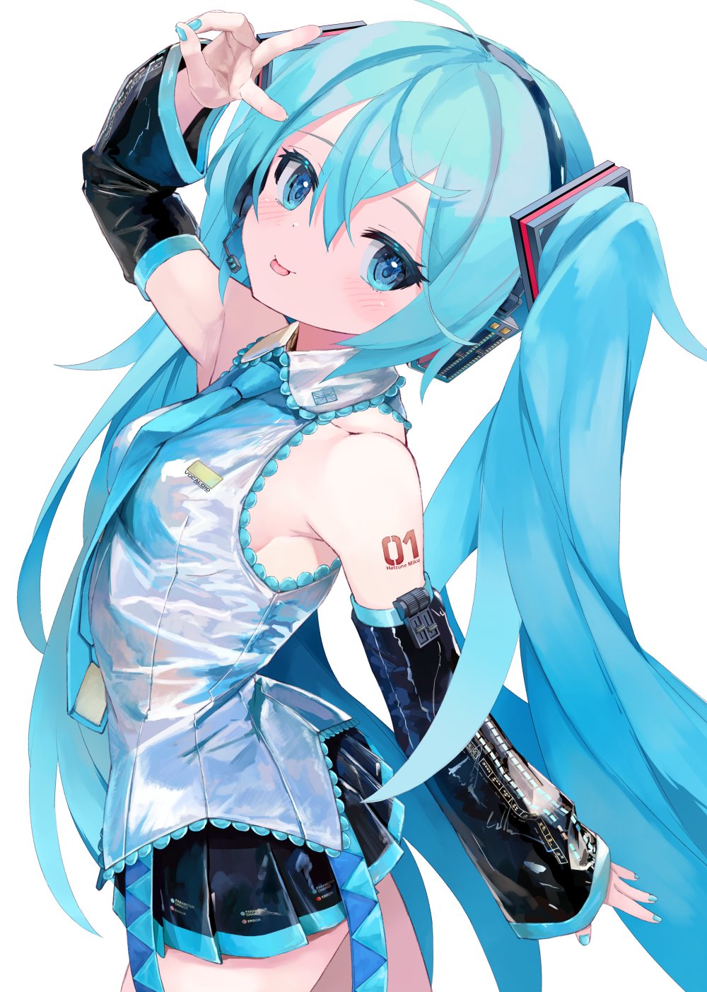 1girl bangs black_skirt blue_eyes blue_hair blue_nails blue_necktie detached_sleeves from_side hatsune_miku headset highres long_hair looking_at_viewer necktie number_tattoo pleated_skirt shirt simple_background skirt smile solo takepon1123 tattoo tongue tongue_out v vocaloid white_background white_shirt
