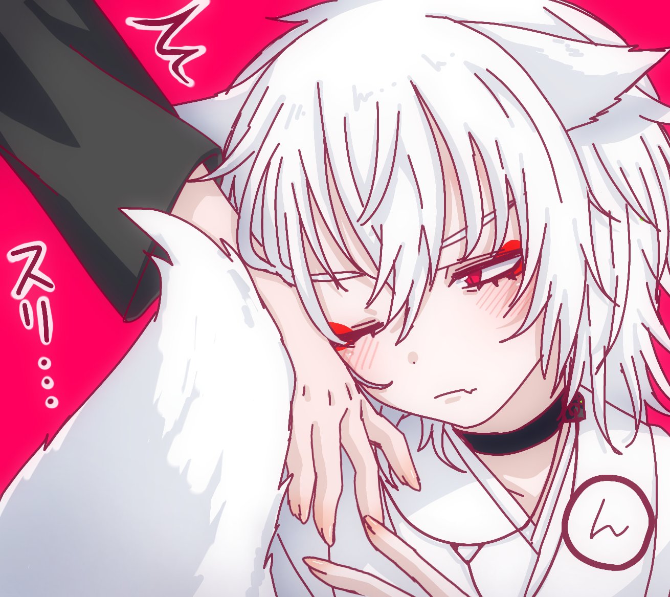 1boy accelerator_(toaru_majutsu_no_index) albino ambiguous_gender androgynous animal_ears bangs black_choker blush choker cuddling electrodes eyeshadow fang fingernails fox_ears fox_tail hair_between_eyes hand_on_another's_cheek hand_on_another's_face head_tilt incoming_headpat interlocked_fingers japanese_clothes kemonomimi_mode kimono looking_at_another makeup messy_hair nuzzle one_eye_closed pale_skin portrait red_background red_eyes red_eyeshadow sanpaku short_hair skin_fang solo_focus speech_bubble tail toaru_majutsu_no_index white_hair white_kimono wo_zatta