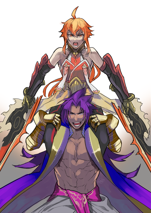 2boys ahoge bhima_(fate) carrying coat dark-skinned_male dark_skin dual_wielding fate/grand_order fate_(series) holding holding_sword holding_weapon long_hair male_focus multiple_boys open_clothes open_coat orange_hair purple_hair rama_(fate) rkp rrr_(movie) shoulder_carry sword weapon