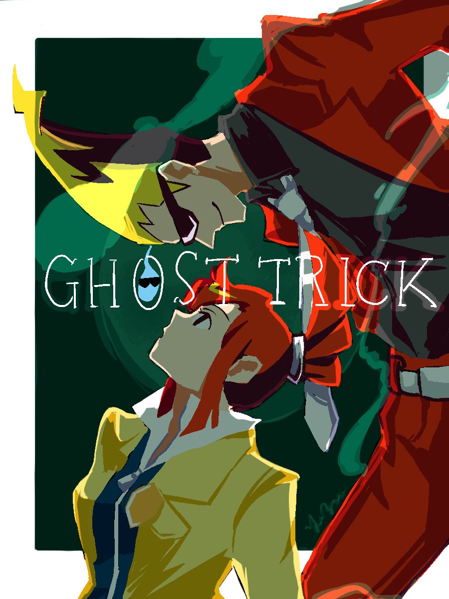 1boy 1girl black_shirt blonde_hair collared_shirt copyright_name formal ghost_trick highres jacket long_hair looking_at_another lynne necktie open_mouth pants pointy_hair ponytail red_jacket red_pants redhead shirt sissel smile suit sunglasses white_necktie yuzu_tea_igi