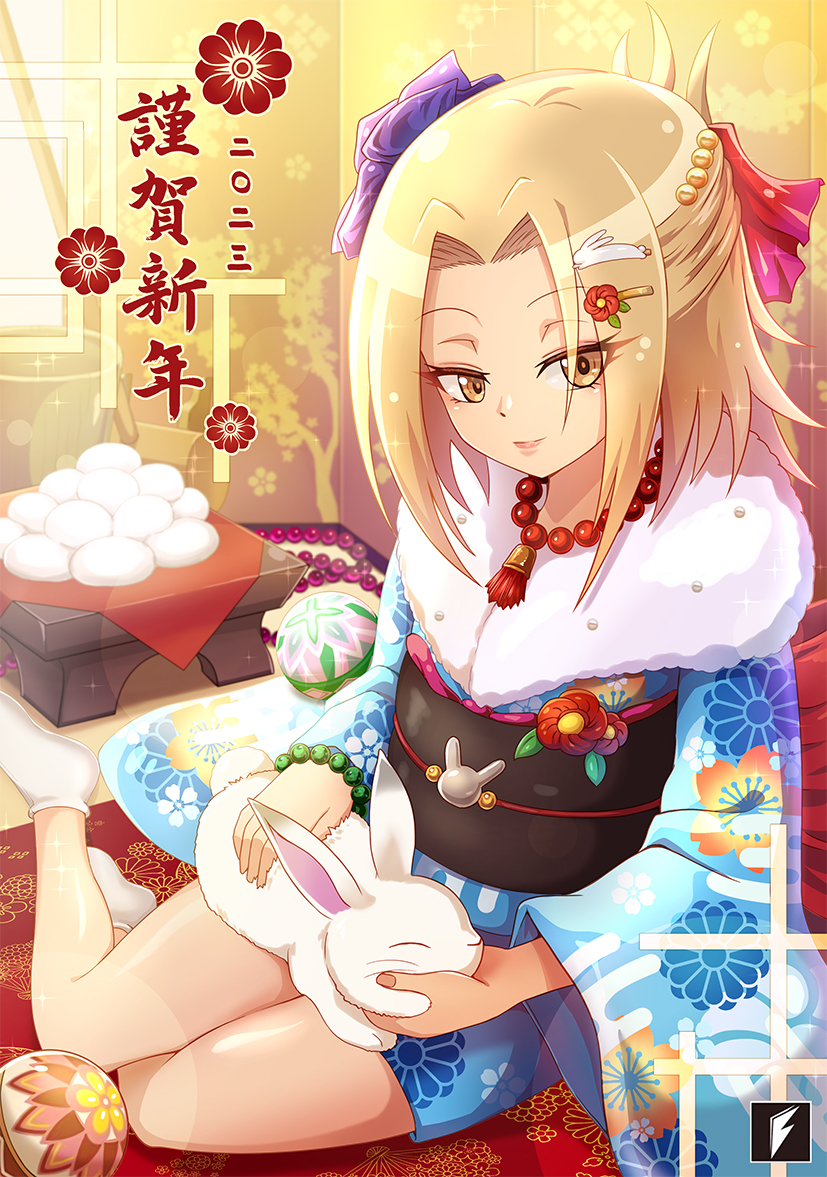 1girl animal_on_lap ankle_socks architecture bangs bead_necklace beads blonde_hair blue_kimono east_asian_architecture floral_print full_body furisode hair_ornament hair_pulled_back hairclip half-closed_eyes happy_new_year holding_rabbit indoors japanese_clothes jewelry kagami_mochi kanji kimono kyouyama_anna light_smile lips looking_at_viewer medium_hair necklace nengajou new_year no_shoes obi on_lap parted_bangs print_kimono rabbit_accessory rabbit_hair_ornament rug sash shaman_king short_kimono sitting sitting_sideways socks solo teng_zhai_zi window yellow_eyes yokozuwari