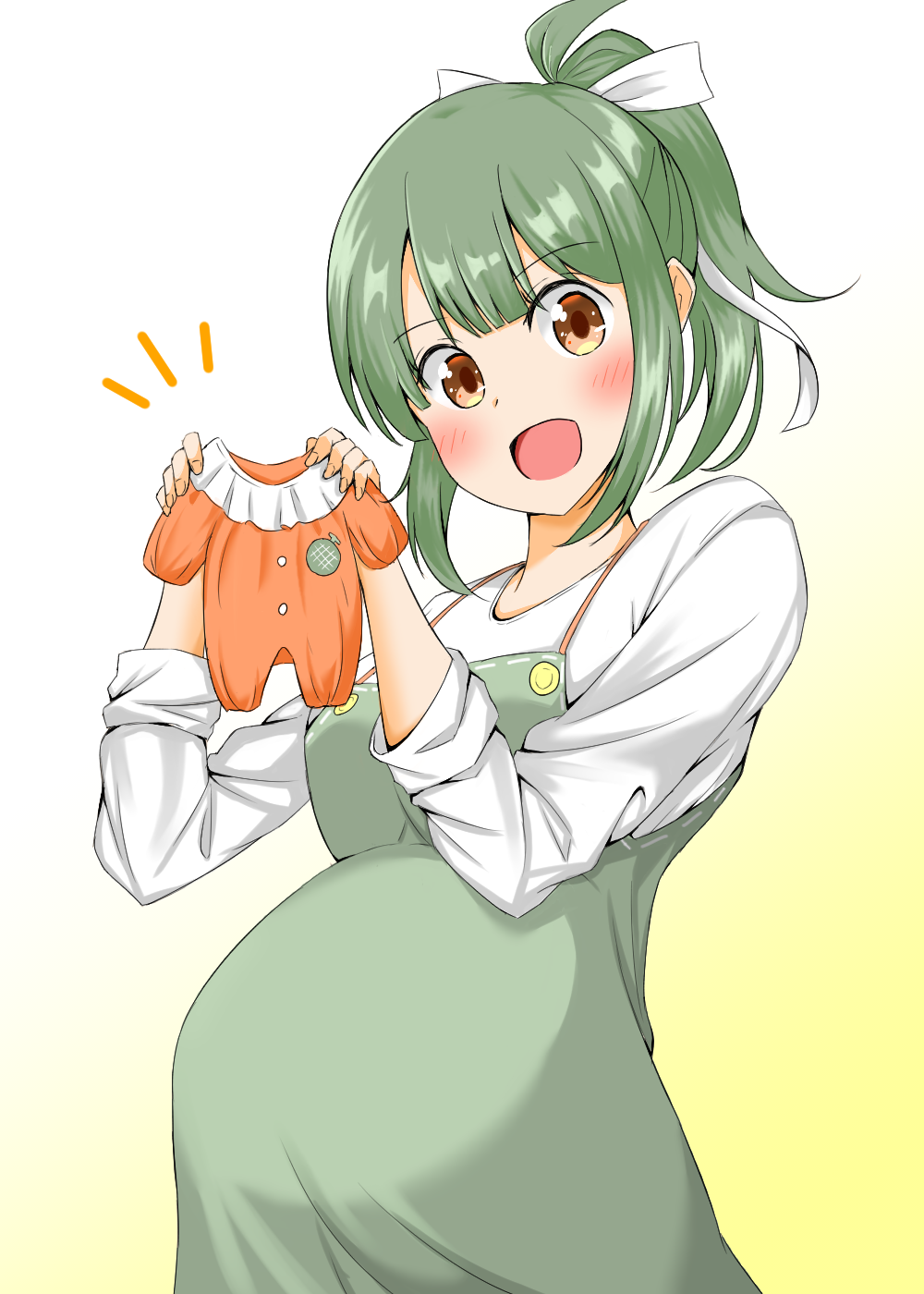 1girl alternate_costume bangs blush bow brown_eyes buttons commentary_request dress food fruit green_dress grey_hair hair_bow highres holding holding_clothes kantai_collection maternity_dress melon onesie open_mouth ponytail pregnant satetsu_(satetsu3135) shirt sidelocks simple_background sleeves_rolled_up solo white_bow white_shirt yuubari_(kancolle)