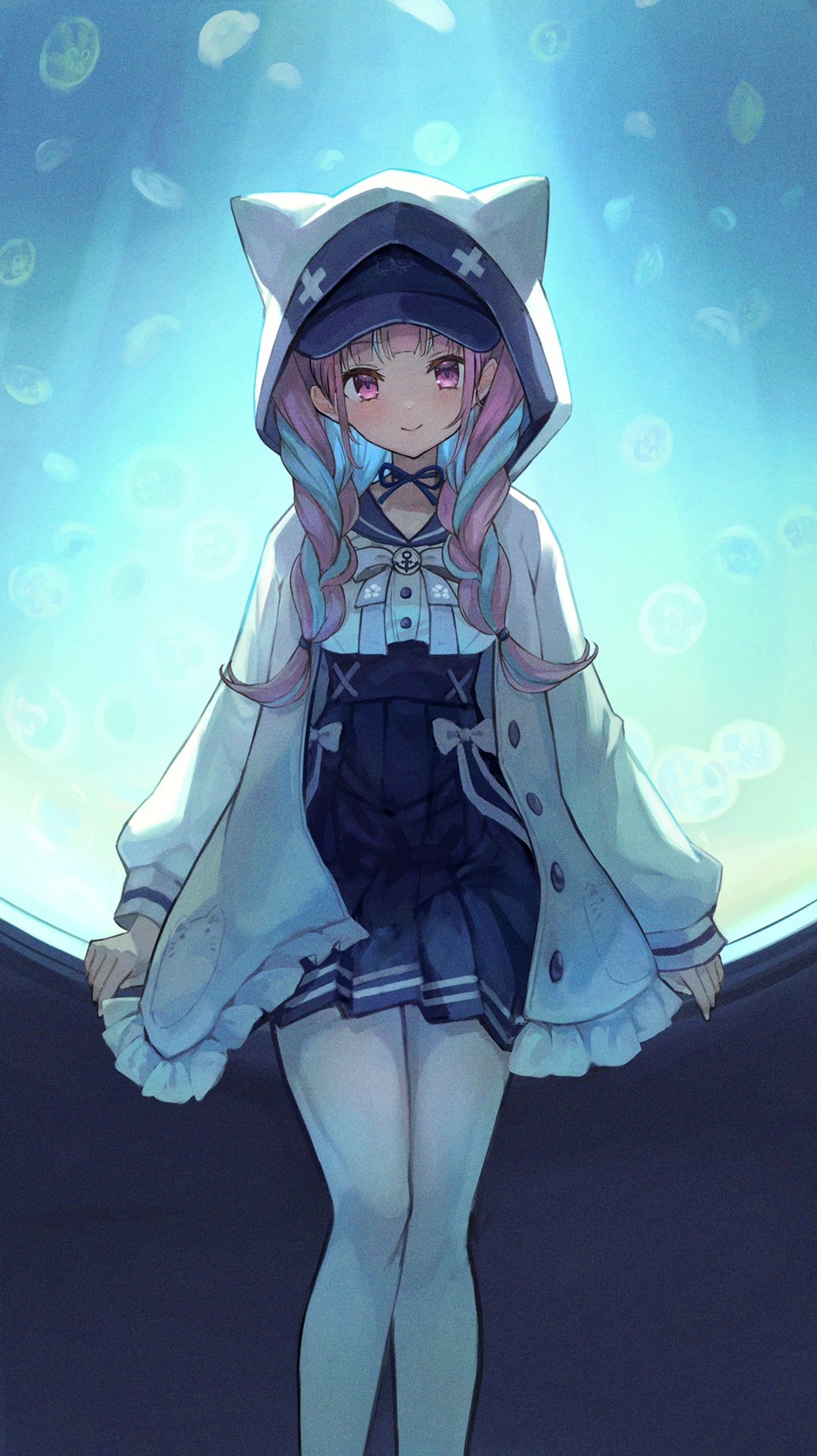 1girl animal_ears animal_hood aquarium bangs blue_choker blue_hair blue_sailor_collar blue_skirt blunt_bangs braid cat_hood choker closed_mouth fake_animal_ears feet_out_of_frame high-waist_skirt highres hololive hood jacket jellyfish light_blush long_hair long_sleeves looking_at_viewer low_twin_braids minato_aqua miniskirt multicolored_hair official_alternate_costume official_alternate_hairstyle open_clothes open_jacket pantyhose pleated_skirt purple_hair ribbon_choker sailor_collar sailor_shirt shirt sitting skirt smile solo twin_braids twintails two-tone_hair underbust v-shaped_eyebrows violet_eyes virtual_youtuber white_jacket white_pantyhose white_shirt xyunx