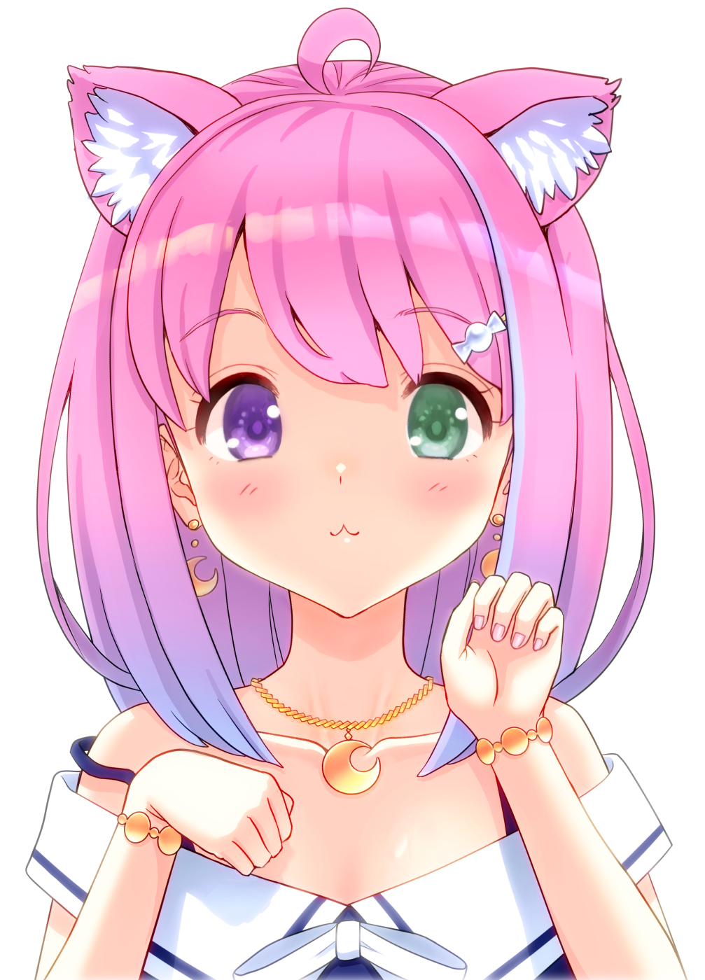 1girl :3 ahoge candy_hair_ornament claw_pose earrings food-themed_hair_ornament gradient_hair green_eyes hair_ornament heterochromia highres himemori_luna hololive jewelry kujira_naoto long_hair looking_at_viewer multicolored_hair off_shoulder one_side_up purple_hair simple_background solo upper_body violet_eyes virtual_youtuber wavy_hair white_background