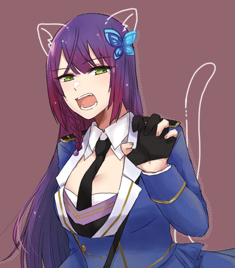 1girl animal_ears arm_at_side assault_lily bangs black_gloves black_necktie blue_jacket blue_skirt braid breasts brown_background butterfly_hair_ornament cat_ears cat_tail claw_pose collared_shirt commentary_request drawn_ears drawn_tail drop_shadow epaulettes fangs fingernails funada_kiito gloves green_eyes hair_ornament half_gloves halftone hand_up jacket large_breasts long_hair looking_at_viewer mole mole_under_eye necktie nigari_(ngari_0115) open_mouth partially_fingerless_gloves purple_hair shirt side_braid simple_background single_braid skirt solo tail teeth upper_body very_long_hair white_shirt