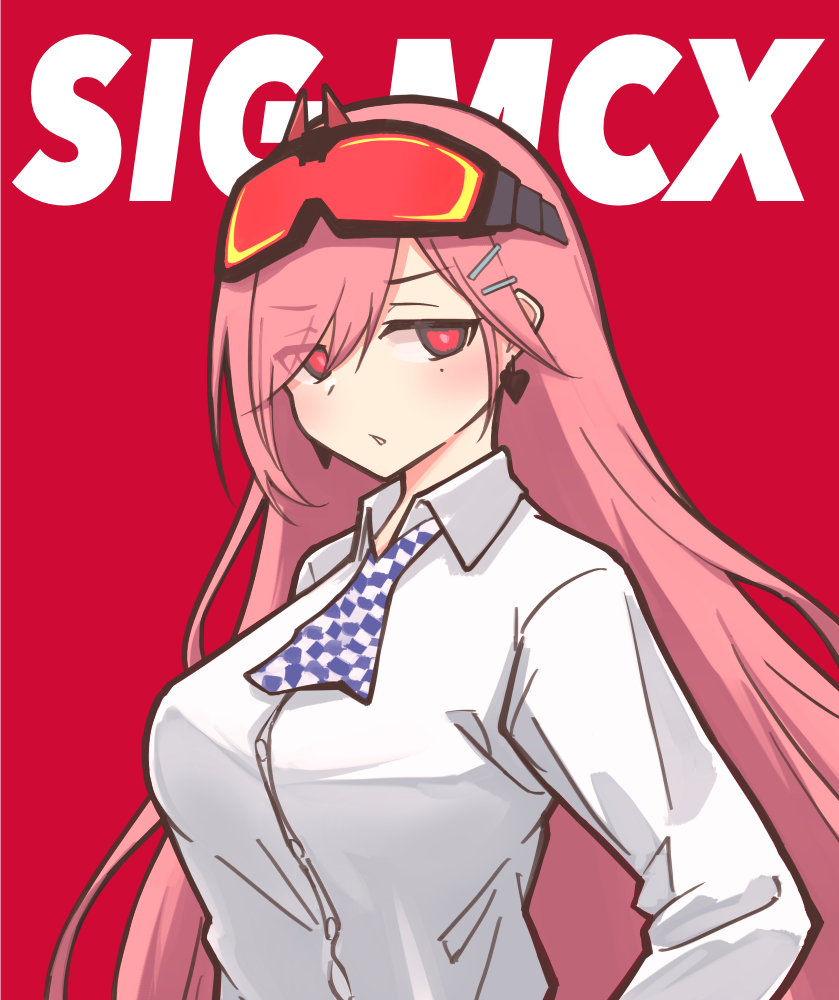 1girl bangs breasts caraku character_name checkered_necktie earrings eyewear_on_head girls_frontline goggles goggles_on_head hair_ornament hairclip heart heart_earrings jewelry large_breasts long_hair long_sleeves looking_at_viewer mole mole_under_eye necktie open_mouth parted_lips pink_hair red_background red_eyes shirt sig_mcx_(girls'_frontline) simple_background solo white_shirt