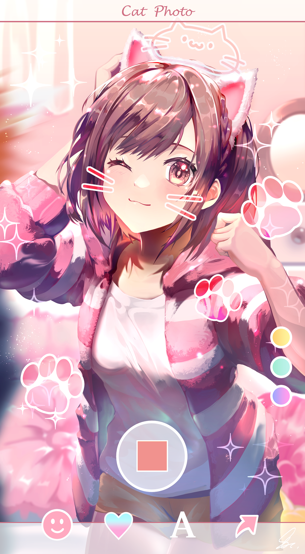 1girl ;3 animal_ears arm_behind_head arm_up bangs blush breasts brown_eyes brown_hair brown_shorts cat_ears closed_mouth commentary_request drawn_whiskers face_filter fake_animal_ears hairband hand_up highres hood hood_down hooded_jacket jacket looking_at_viewer one_eye_closed open_clothes open_jacket phone_screen pillow project_sekai saihate_(d3) shinonome_ena shirt short_shorts shorts small_breasts smile solo striped striped_jacket white_hairband white_shirt