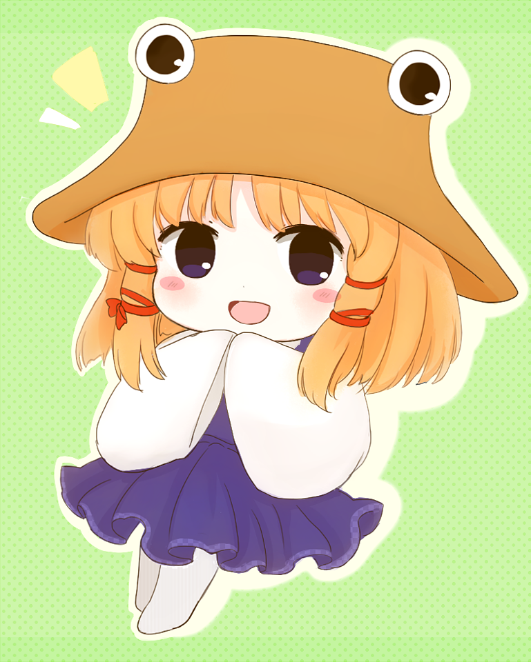 1girl bangs blonde_hair blush bow brown_headwear chibi dress full_body green_background grey_pantyhose hair_bow hair_ornament hands_up hat long_sleeves looking_at_viewer moriya_suwako no_shoes open_mouth own_hands_together pantyhose parted_bangs pinafore_dress polka_dot polka_dot_background purple_dress red_bow rei_(tonbo0430) shadow shirt short_hair simple_background smile solo standing tongue touhou violet_eyes white_shirt wide_sleeves