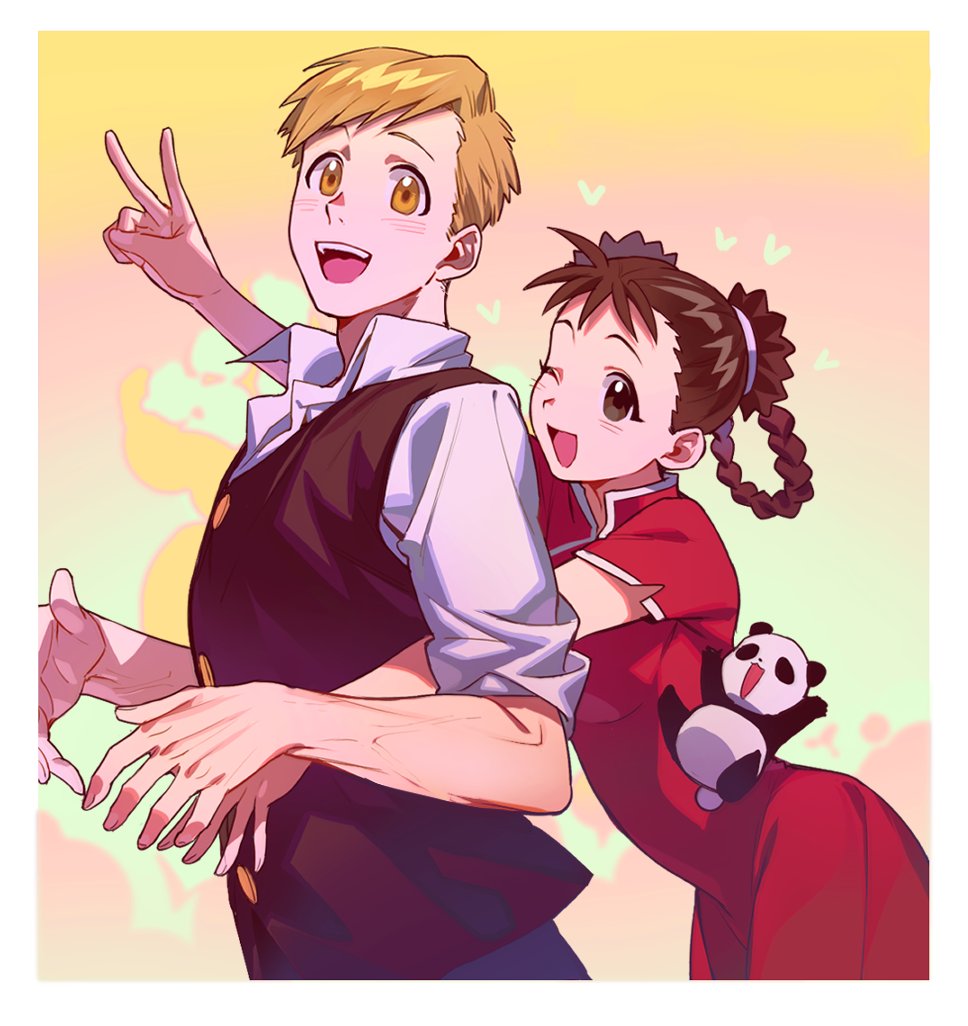 1boy 1girl ;d alphonse_elric animal bangs black_eyes black_hair black_vest blonde_hair blue_pants border breasts buttons china_dress chinese_clothes collared_shirt double_bun dress dress_shirt eyelashes fingernails fullmetal_alchemist gradient_background green_background hair_bun hair_rings hand_up happy heart height_difference high_collar light_blush looking_at_viewer may_chang multicolored_background one_eye_closed open_mouth orange_background panda pants pink_background qin_(7833198) red_dress shirt short_sleeves side-by-side side_slit simple_background sleeves_rolled_up small_breasts smile swept_bangs tareme teeth under_boob upper_body upper_teeth_only v veins veiny_arms vest white_border white_shirt xiao-mei yellow_background yellow_eyes