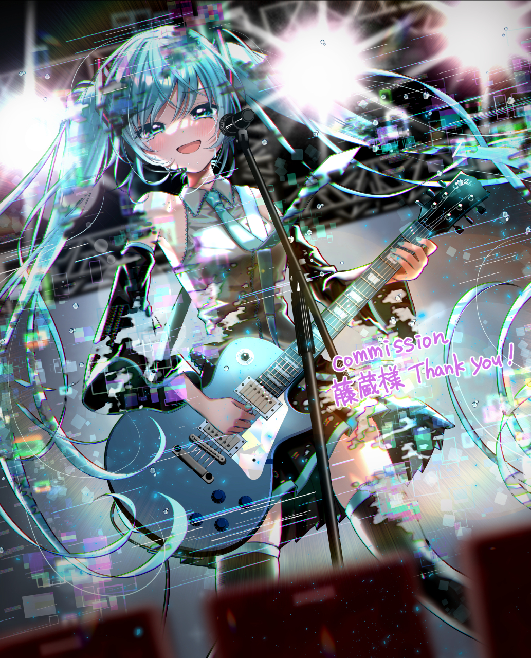 1girl :d backlighting bangs bare_shoulders black_skirt black_sleeves black_thighhighs blush breasts commentary_request commission crying crying_with_eyes_open detached_sleeves english_text fujiwara_aoi glitch green_eyes green_hair green_nails green_necktie guitar hair_between_eyes half-closed_eyes hatsune_miku highres holding holding_instrument holding_microphone instrument lens_flare light_particles long_hair long_sleeves microphone miniskirt music necktie pixelated playing_instrument pleated_skirt sad_smile sidelocks singing skirt small_breasts smile solo spotlight stage streaming_tears tears thigh-highs twintails very_long_hair vocaloid wide_sleeves zettai_ryouiki