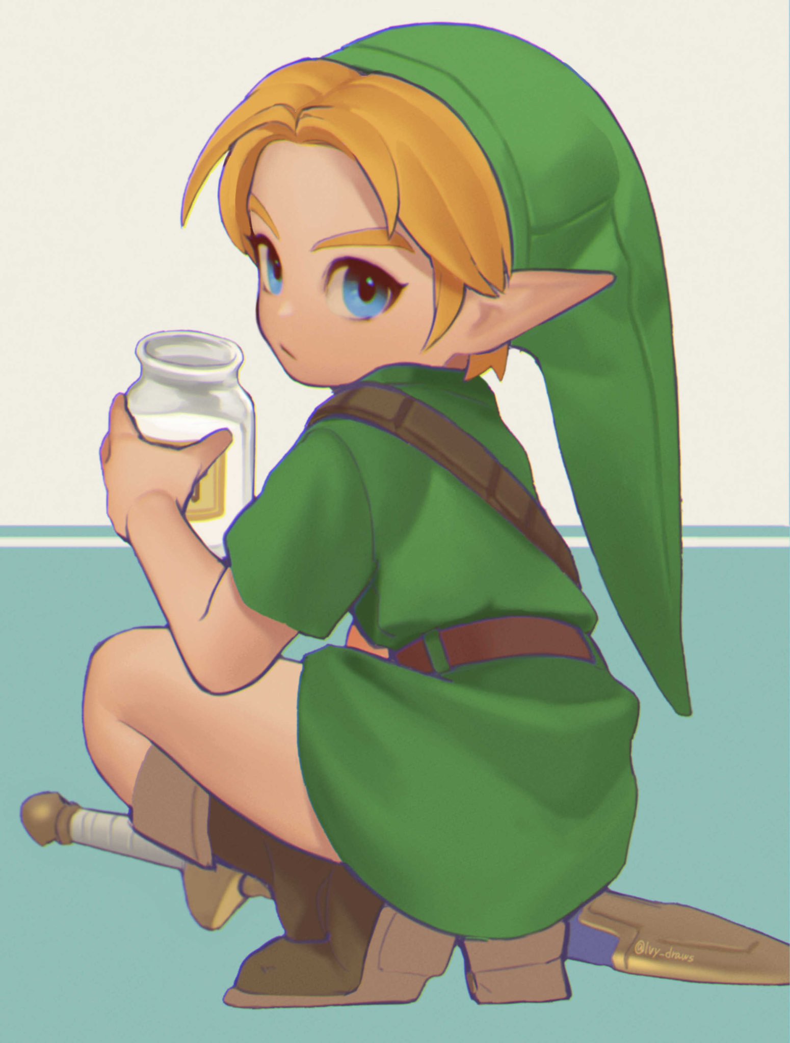 1boy :/ belt blonde_hair blue_eyes bottle brown_belt brown_footwear closed_mouth dress from_behind green_dress green_headwear grey_background highres holding holding_bottle ivy_(sena0119) link looking_back male_child male_focus milk pointy_ears shoes short_hair short_sleeves solo squatting sword the_legend_of_zelda the_legend_of_zelda:_ocarina_of_time two-tone_background weapon