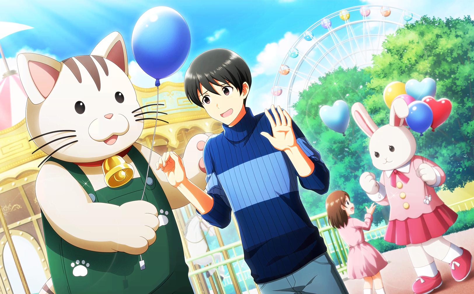 1boy 1girl balloon bangs black_eyes black_hair blue_sky blue_sweater brown_hair dress female_child ferris_wheel fingernails fuyumi_jun highres holding holding_balloon idolmaster idolmaster_side-m idolmaster_side-m_live_on_stage! mascot official_art palms pink_dress sky sleeves_rolled_up sweater