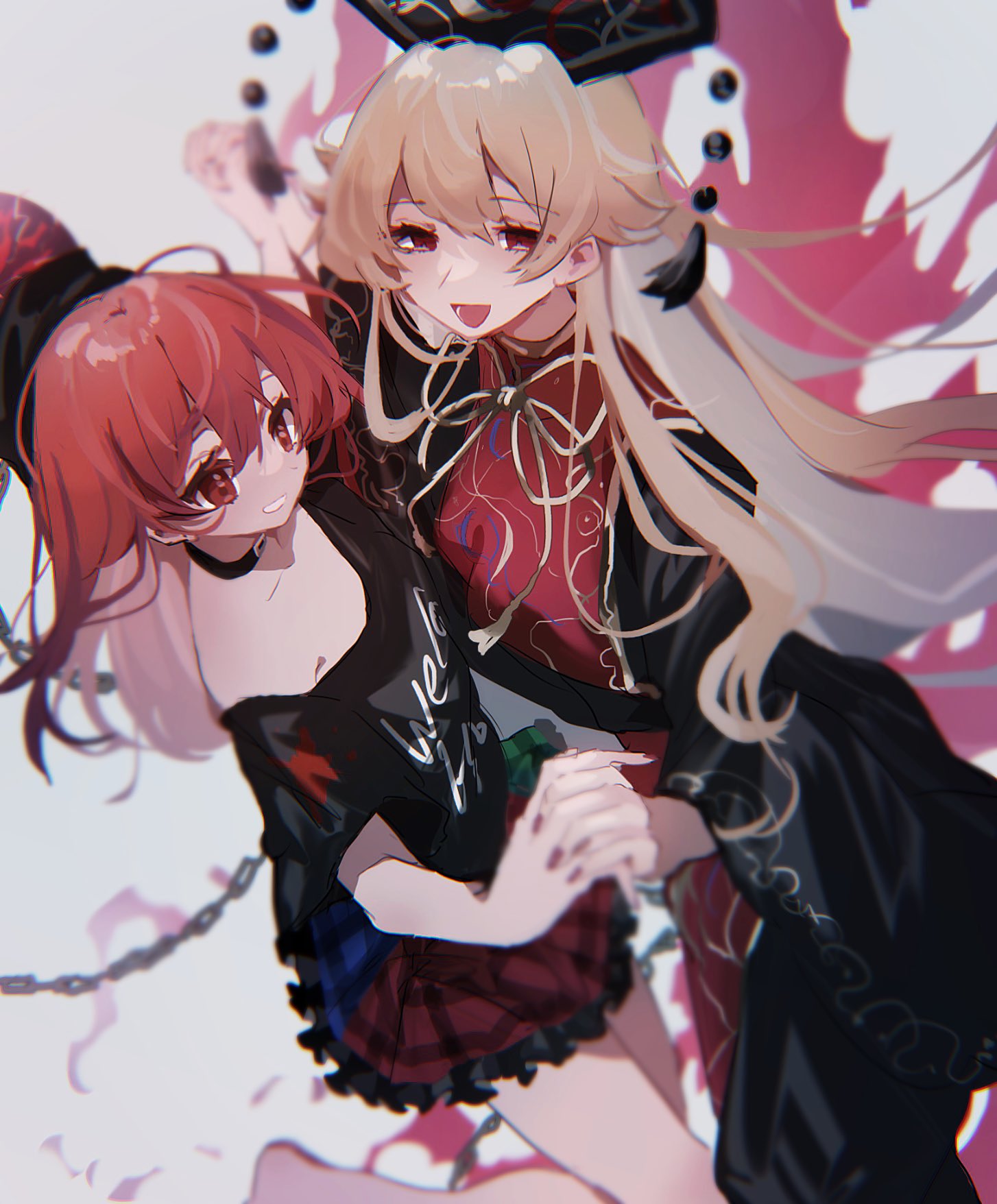 2girls ayahi_4 bangs barefoot black_shirt blonde_hair chain chinese_clothes clothes_writing crescent hecatia_lapislazuli highres holding_hands junko_(touhou) long_hair long_sleeves looking_at_viewer multicolored_clothes multicolored_skirt multiple_girls nail_polish off-shoulder_shirt off_shoulder open_mouth phoenix_crown plaid plaid_skirt polos_crown red_eyes red_nails shirt simple_background skirt smile t-shirt tabard touhou underworld_(ornament)