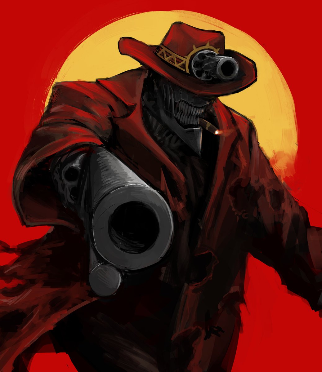chainsaw_man cigar coat cowboy cowboy_hat facing_viewer gun hat highres open_mouth original pointing_gun red_coat red_headwear red_theme revolver sharp_teeth slapknutts smoking solo teeth torn_clothes torn_coat two-tone_background weapon