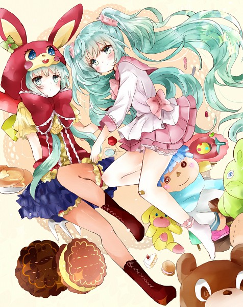 2girls animal_hood aqua_eyes aqua_hair artist_request blush collared_shirt commentary_request dress dual_persona food frilled_dress frilled_skirt frilled_sleeves frills gloves hatsune_miku heart hood hoodie long_hair long_sleeves looking_at_viewer lots_of_laugh_(vocaloid) multiple_girls non-web_source open_mouth pancake rabbit_hood red_gloves red_ribbon ribbon shirt short_sleeves skirt source_request twintails very_long_hair vocaloid