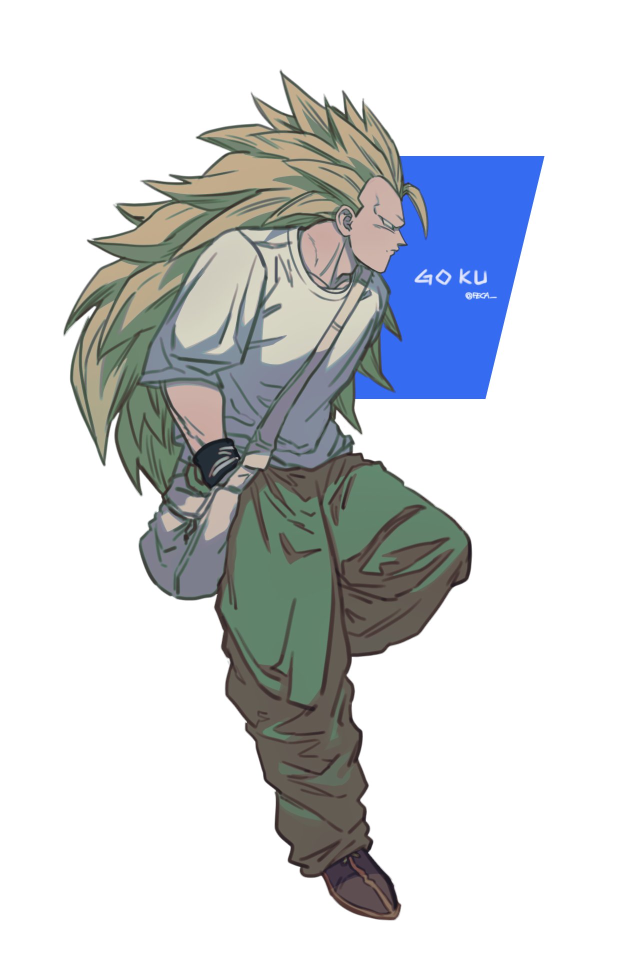 1boy bag baggy_pants black_footwear black_wristband blonde_hair boots character_name closed_mouth commentary_request dragon_ball dragon_ball_z fecaa frown full_body furrowed_brow green_pants grey_bag hands_in_pockets highres hunched_over korean_commentary long_hair male_focus muscular muscular_male no_eyebrows pants shirt shoulder_bag sleeves_past_elbows solo son_goku spiky_hair super_saiyan super_saiyan_3 t-shirt twitter_username very_long_hair white_shirt wristband