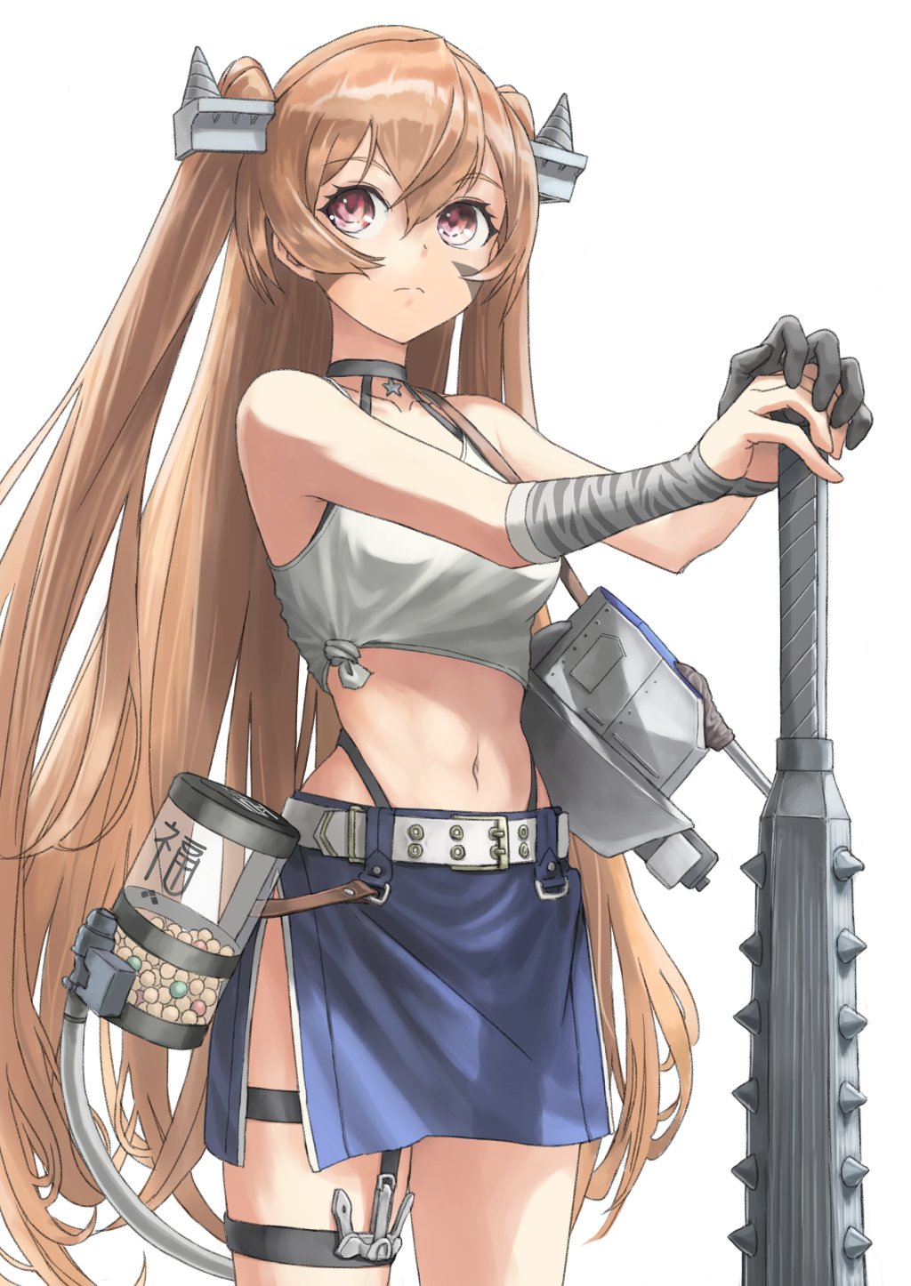 1girl belt blue_skirt breasts club_(weapon) cowboy_shot fake_horns garter_straps highres horns johnston_(kancolle) kanabou kantai_collection light_brown_hair long_hair medium_breasts miniskirt navel official_alternate_costume oni_horns red_eyes setsubun shirt single_garter_strap skirt sleeveless sleeveless_shirt solo spiked_club standing taruya tied_shirt two_side_up weapon white_belt white_shirt