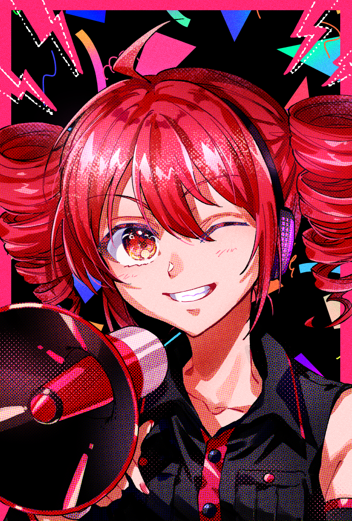 1girl ahoge armpit_crease bangs bare_shoulders black_shirt black_sleeves border breast_pocket collarbone collared_shirt detached_sleeves drill_hair emergency_exi10 grin hair_between_eyes halftone headphones holding holding_megaphone kasane_teto lightning_bolt_symbol looking_at_viewer megaphone one_eye_closed outside_border pink_border pocket portrait red_eyes red_nails redhead romaji_commentary shirt short_hair sleeveless sleeveless_shirt smile solo triangle twin_drills utau