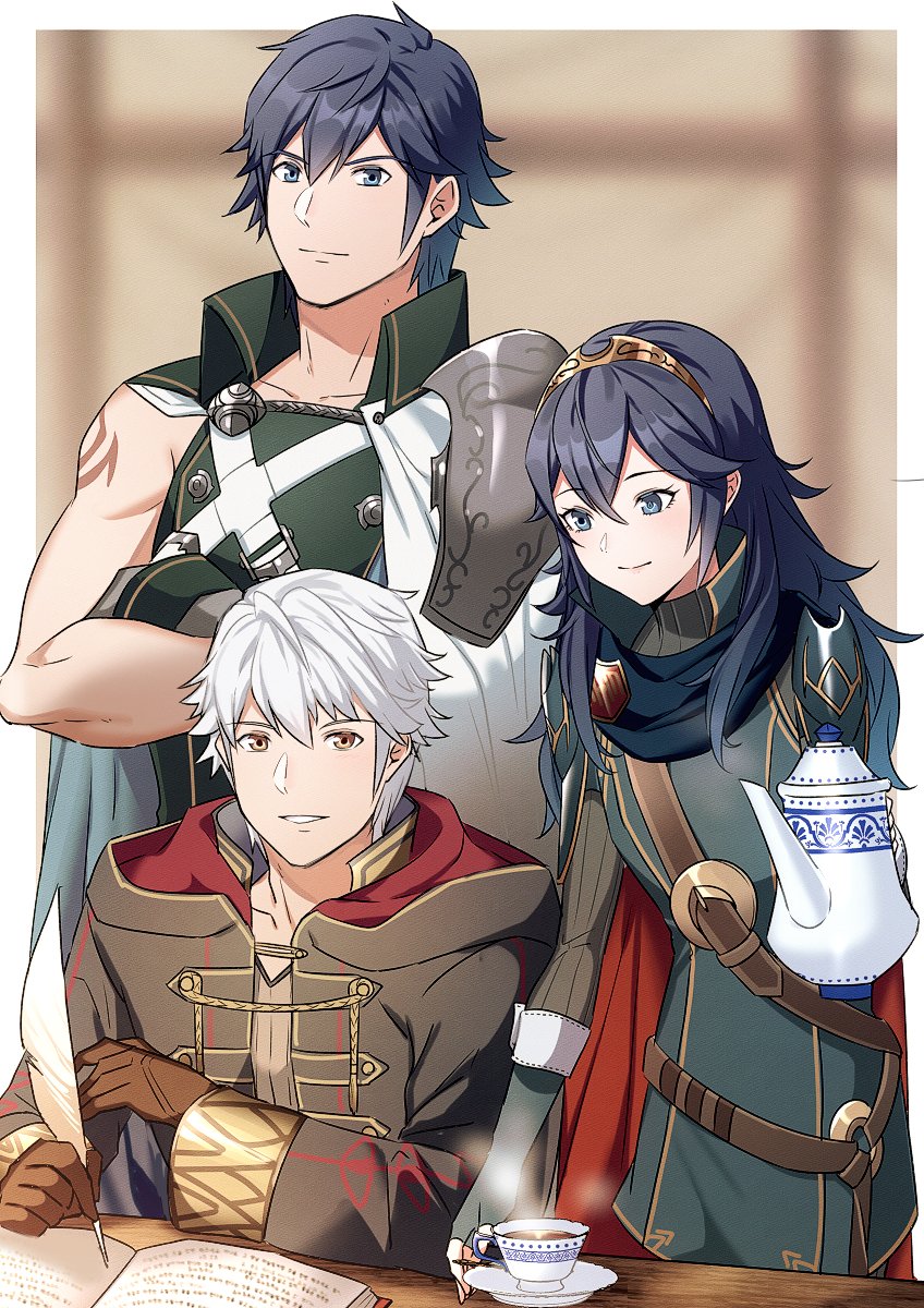 1girl 2boys ameno_(a_meno0) armor bangs belt black_robe black_sweater blue_cape blue_eyes blue_gloves blue_hair book brown_belt brown_eyes brown_gloves cape chrom_(fire_emblem) closed_mouth crossed_arms cup father_and_daughter fingerless_gloves fire_emblem fire_emblem_awakening gloves grey_shirt grin highres holding holding_cup holding_quill holding_teapot indoors jewelry long_hair long_sleeves lucina_(fire_emblem) multiple_boys muscular muscular_male open_book open_clothes open_robe quill red_cape ribbed_sweater robe robin_(fire_emblem) robin_(male)_(fire_emblem) shirt short_hair shoulder_armor sitting smile steam sweater table teacup teapot tiara turtleneck turtleneck_sweater two-tone_cape white_cape white_hair