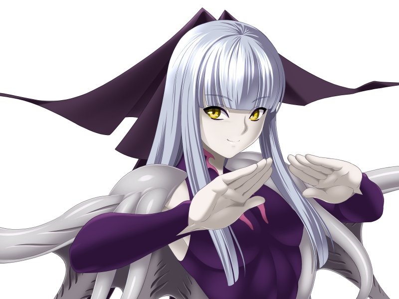 1girl bangs blunt_bangs breasts commentary_request fushisha_o grey_hair mahou_shoujo_ai mahou_shoujo_ai_san mayu_(mahou_shoujo_ai) pale_skin shoulder_pads small_breasts solo upper_body white_background yellow_eyes