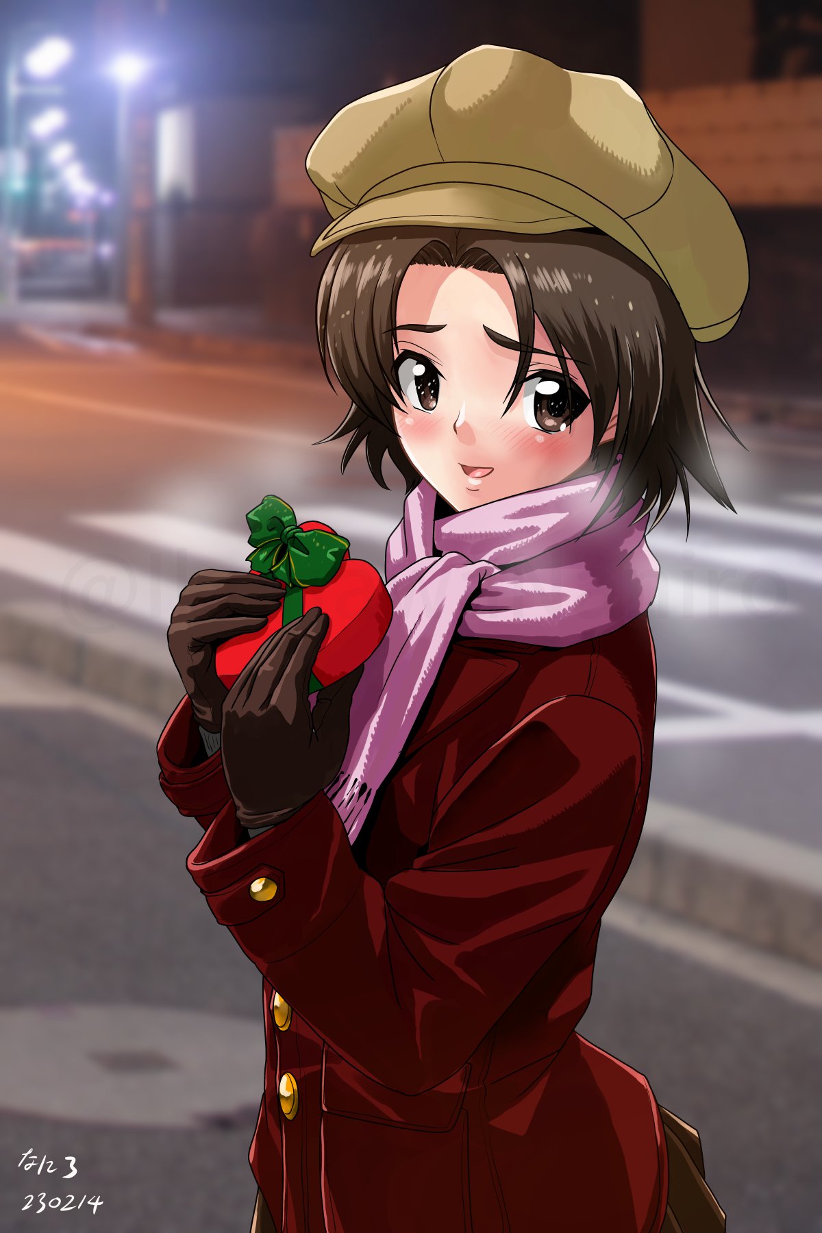 1girl bangs black_gloves black_skirt blurry blurry_background blush box breath brown_eyes brown_hair brown_headwear cabbie_hat coat commentary dated depth_of_field fringe_trim from_side gift girls_und_panzer gloves hat heart-shaped_box highres holding holding_gift looking_at_viewer matsui_yasutsugu miniskirt night open_mouth outdoors parted_bangs pleated_skirt purple_scarf red_coat road sawa_azusa scarf short_hair skirt smile solo standing valentine winter_clothes