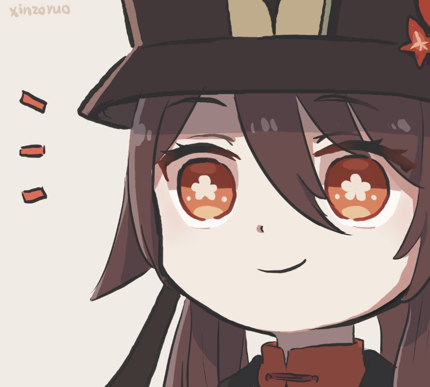 1girl artist_name bangs brown_hair chibi commentary english_commentary flower genshin_impact hair_between_eyes hat hu_tao_(genshin_impact) long_hair low_twintails orange_eyes porkpie_hat portrait smile solo symbol-shaped_pupils twintails white_background xinzoruo
