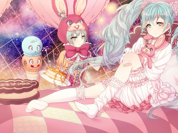 2girls animal_hood aqua_eyes aqua_hair artist_request bed blush collared_shirt commentary_request dress dual_persona food frilled_dress frilled_skirt frilled_sleeves frills gloves hatsune_miku heart hood hoodie ice_cream ice_cream_cone long_hair long_sleeves looking_at_viewer lots_of_laugh_(vocaloid) multiple_girls non-web_source open_mouth pancake rabbit_hood red_gloves red_ribbon ribbon shirt short_sleeves skirt twintails very_long_hair vocaloid