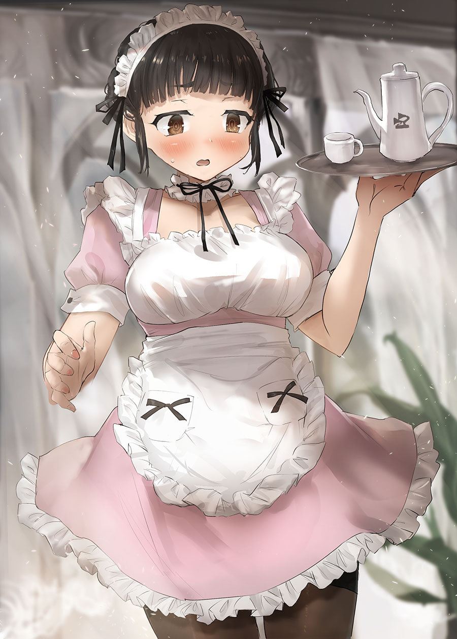 1girl alternate_costume apron black_hair black_ribbon black_thighhighs blush brown_eyes collarbone cowboy_shot cup dress enmaided frilled_apron frilled_dress frills highres holding holding_tray kantai_collection maid maid_apron myoukou_(kancolle) open_mouth pink_dress ribbon short_hair short_sleeves solo thigh-highs toka_(marchlizard) tray white_apron