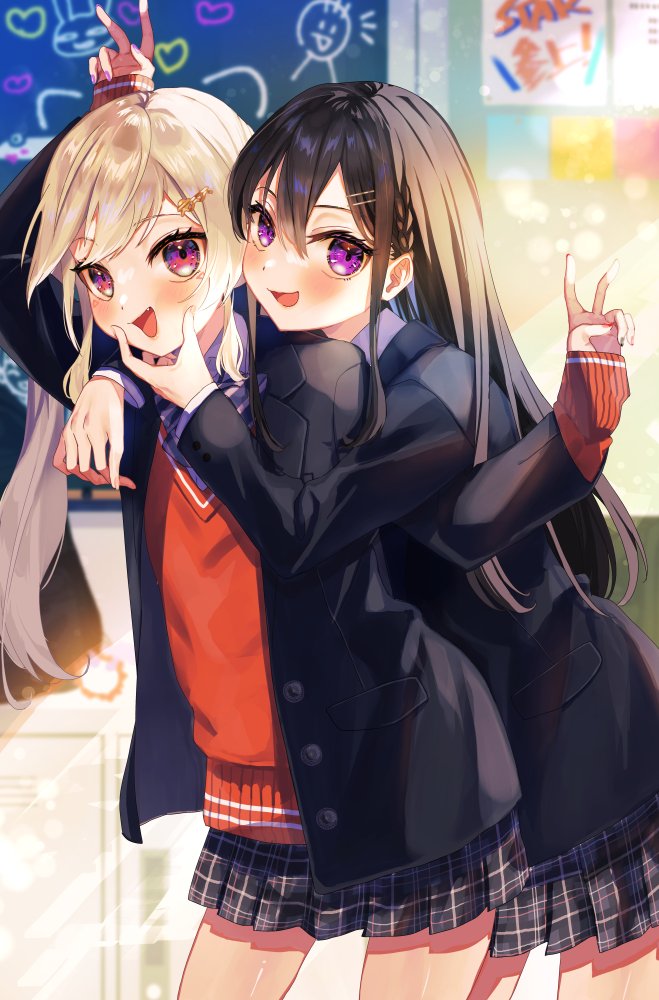 2girls bag bangs black_hair blazer blush bow bowtie braid cabinet chalkboard classroom collared_shirt fang graffiti grey_hair hair_between_eyes hair_ornament hairclip hand_on_another's_face hand_on_another's_shoulder ichinose_uruha jacket kokkovvv komori_met leaning_on_person lens_flare long_hair long_sleeves looking_at_viewer lupinus_virtual_games matching_outfit multiple_girls open_clothes open_jacket plaid plaid_skirt playing pleated_skirt red_sweater school_bag school_uniform shirt side_ponytail sidelocks skirt sleeves_past_wrists smile standing striped striped_bow striped_bowtie sunlight sweater swept_bangs v violet_eyes virtual_youtuber vspo! white_shirt