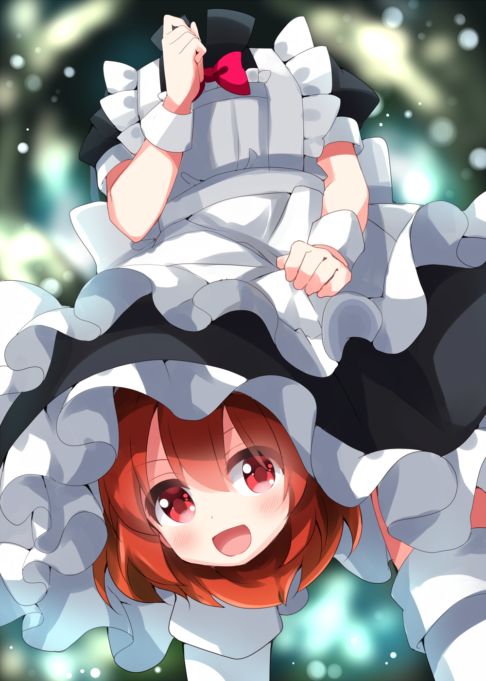 1girl apron black_dress blush disembodied_head dress frilled_apron frilled_dress frills highres maid_apron open_mouth puffy_short_sleeves puffy_sleeves red_eyes redhead ruu_(tksymkw) sekibanki short_hair short_sleeves smile solo thigh-highs touhou white_apron white_thighhighs wrist_cuffs