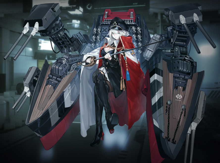 1girl adapted_turret aiguillette bismarck_(black_surge_night) black_footwear black_headwear black_jacket black_surge_night black_thighhighs blue_eyes boots cape cross grey_hair hat holding holding_sword holding_weapon iron_cross jacket machinery military_hat official_art red_cape rigging sword thigh-highs weapon white_cape