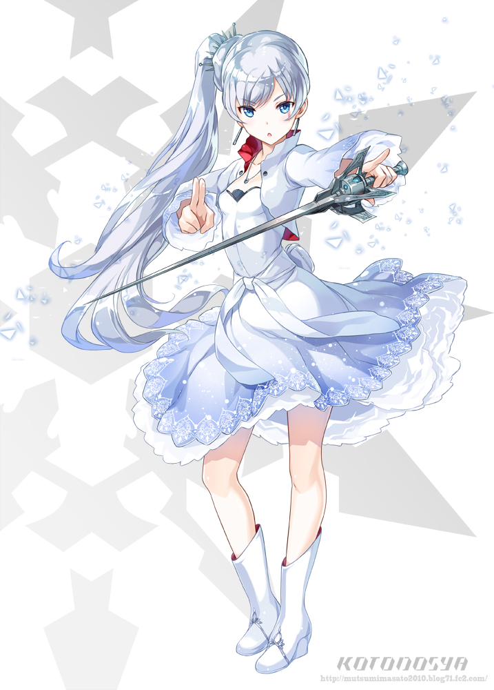 1girl blue_eyes boots commentary_request dress earrings full_body hair_ornament holding holding_sword holding_weapon jewelry left-handed long_hair mutsumi_masato myrtenaster necklace parted_lips photoshop_(medium) rapier revision rwby scar scar_across_eye scar_on_face side_ponytail solo sword tiara weapon weiss_schnee white_dress white_footwear white_hair zoom_layer
