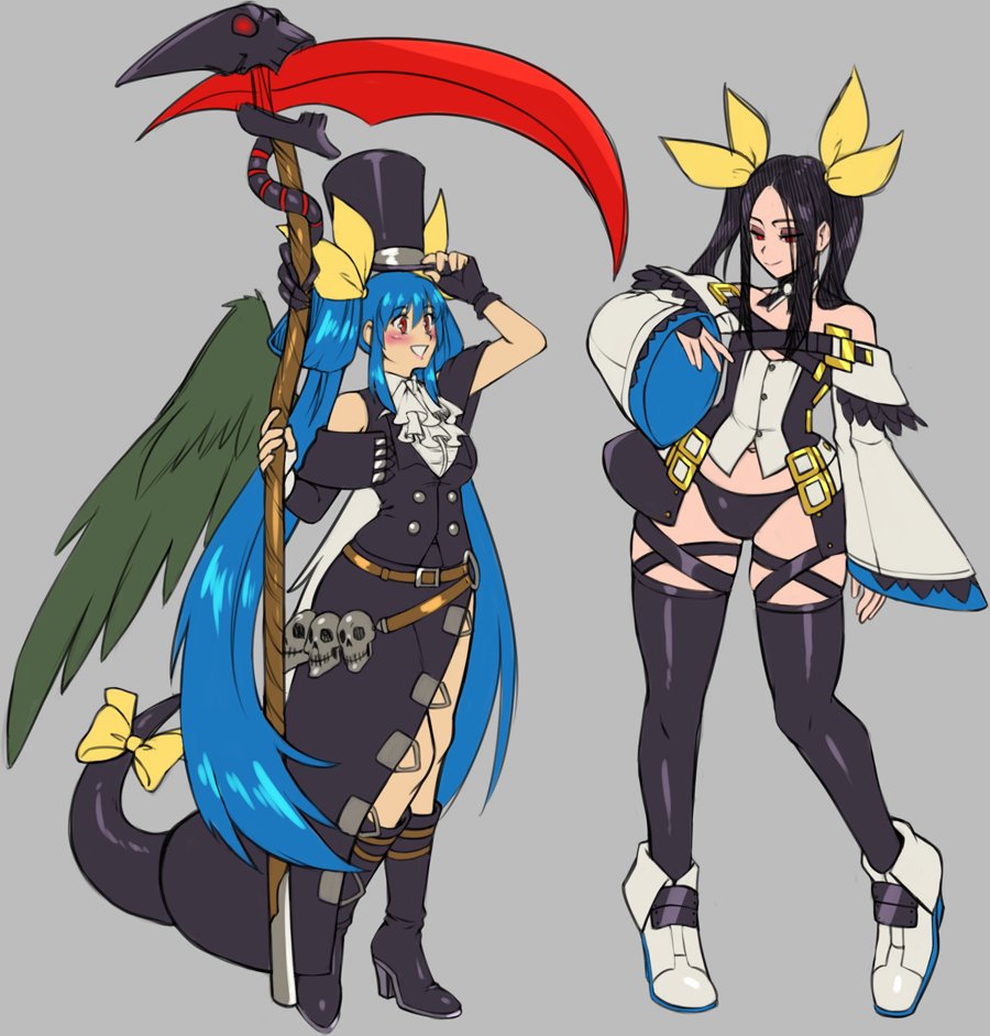 1girl 1other angel_wings black_hair blue_hair boots cosplay costume_switch dizzy_(guilty_gear) guilty_gear guilty_gear_strive hair_rings kitsune23star red_eyes ribbon scythe smile tail tail_ornament tail_ribbon testament_(guilty_gear) thigh-highs wings yellow_ribbon