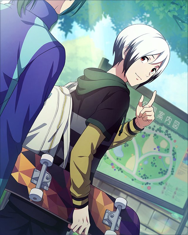 2boys backpack bag black_hair fingernails green_hoodie grey_hair holding holding_skateboard hood hoodie idolmaster idolmaster_side-m idolmaster_side-m_growing_stars kitamura_sora light_smile long_sleeves male_focus map multicolored_hair multiple_boys official_art skateboard white_hair