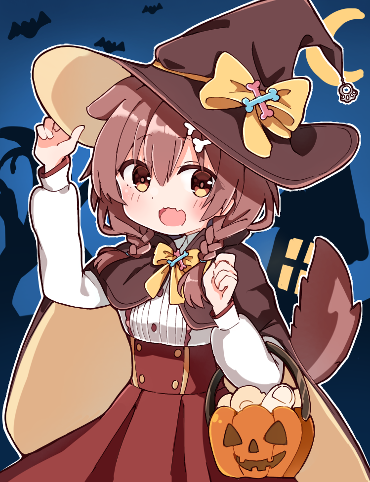1girl animal_ears bangs bone_hair_ornament bow bowtie braid brown_cape brown_eyes brown_hair brown_headwear cape center_frills chibi commentary cowboy_shot dog_ears dog_girl dog_tail extra_ears fangs frilled_shirt frills hair_between_eyes hair_ornament hairclip halloween hand_on_headwear hat hat_bow high-waist_skirt hololive inugami_korone jack-o'-lantern long_hair long_sleeves looking_at_viewer low_twin_braids low_twintails official_alternate_costume rabiiandrain red_skirt shirt simple_background skin_fangs skirt solo tail twin_braids twintails virtual_youtuber white_background white_shirt witch_hat yellow_bow yellow_bowtie yubi_yubi_(inugami_korone)