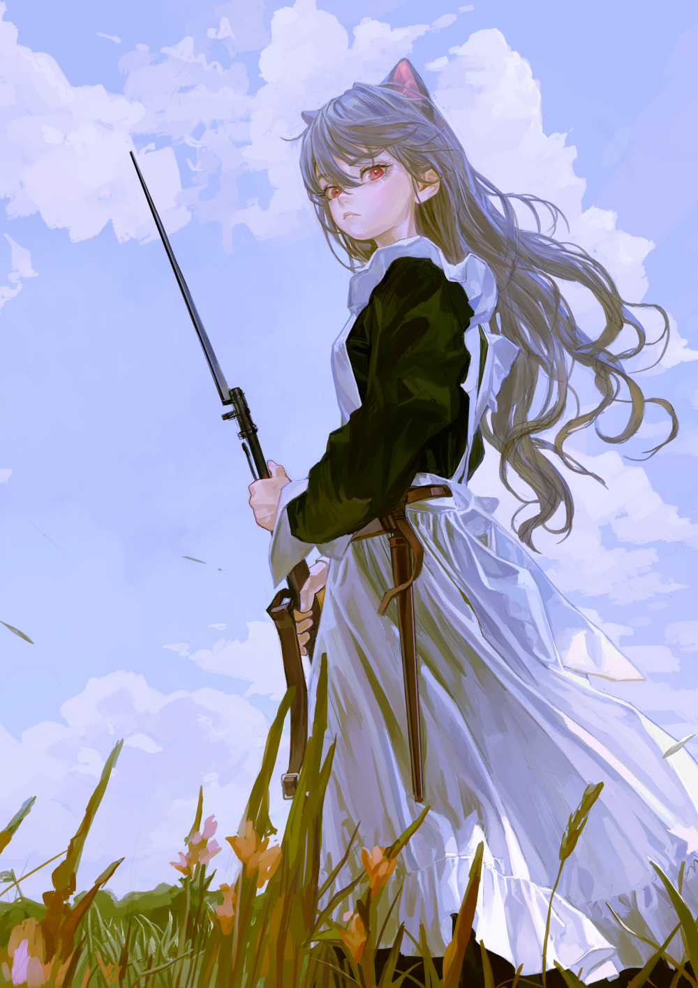 1girl animal_ears apron bangs bayonet belt black_dress blue_sky cat_ears cat_girl clouds dress feet_out_of_frame feiqizi_(fkey) field fkey flower frown grass gun hair_between_eyes highres holding holding_gun holding_weapon long_hair looking_at_viewer maid maid_apron original red_eyes rifle sheath sky sleeve_cuffs solo standing strap swept_bangs unsheathed weapon