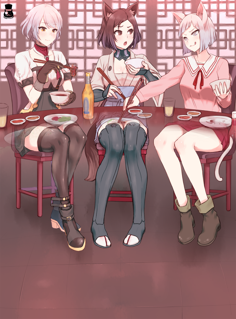 3girls ak-47 animal_ear_fluff animal_ears annoyed assault_rifle boots bowl brown_eyes brown_hair cat_ears cat_girl cat_tail character_request chopsticks closed_mouth eating footjob girls_frontline gloves grey_eyes grey_hair gun holding holding_bowl holding_chopsticks kalashnikov_rifle kuroda_kunika long_sleeves medium_hair mr.takealook multiple_girls open_mouth rifle shirt short_sleeves sitting skirt table tail thigh-highs tongue tongue_out upotte!! vector_(girls'_frontline) weapon yellow_eyes