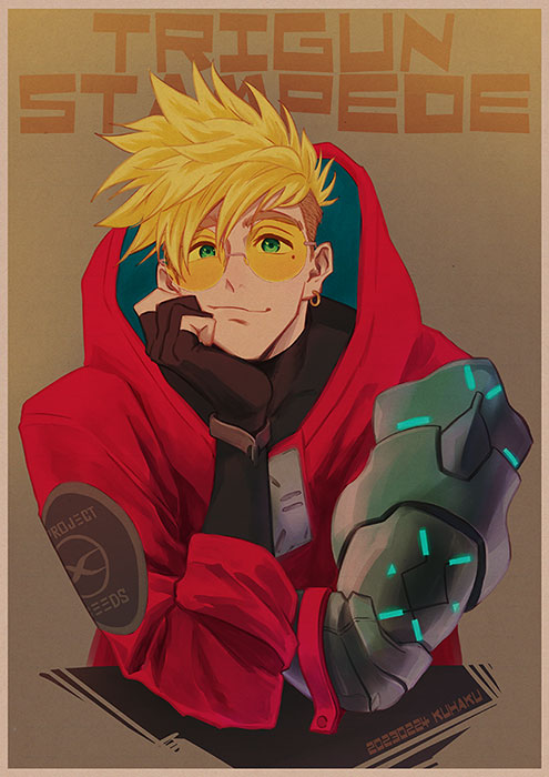 1boy blonde_hair blue_eyes border brown_background coat crossed_arms earrings glasses gloves hand_on_own_cheek hand_on_own_face hood jewelry long_coat male_focus mole mole_under_eye prosthesis prosthetic_arm short_hair simple_background single_earring sitting smile solo sorashiro_(sky_x_space) sunglasses thick_eyebrows trigun trigun_stampede undercut upper_body vash_the_stampede white_border