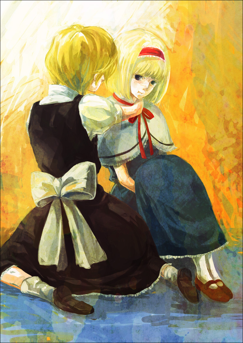 2girls alice_margatroid back_bow black_skirt black_vest blonde_hair blue_dress bow brown_footwear capelet closed_mouth dress frilled_capelet frilled_dress frilled_hairband frilled_skirt frills full_body hairband kirisame_marisa long_dress looking_at_another mary_janes medium_hair multiple_girls neck_ribbon no_headwear pout puffy_short_sleeves puffy_sleeves red_footwear red_hairband red_ribbon ribbon shirt shizuki_(megane2339) shoe_soles shoes short_sleeves simple_background skirt socks touhou vest white_bow white_capelet white_shirt white_socks yellow_background yuri