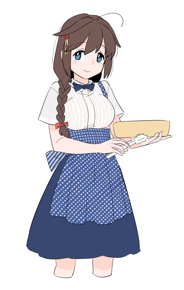 1girl ahoge alternate_costume apron blue_apron blue_bow blue_bowtie blue_eyes blue_skirt bow bowtie braid brown_hair cropped_legs employee_uniform feet_out_of_frame gingham gingham_apron hair_flaps hair_over_shoulder kantai_collection kobeya kobeya_uniform long_skirt looking_at_viewer pleated_shirt shigure_(kancolle) shigure_kai_san_(kancolle) simple_background single_braid skirt solo tamu_(mad_works) tongs uniform white_background