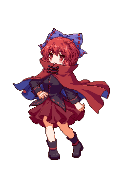 1girl bangs black_footwear black_shirt chinese_commentary cloak closed_mouth commentary_request full_body lowres pixel_art red_eyes red_skirt redhead sekibanki shirt short_hair simple_background skirt solo touhou touhou_mystia's_izakaya white_background youzikk