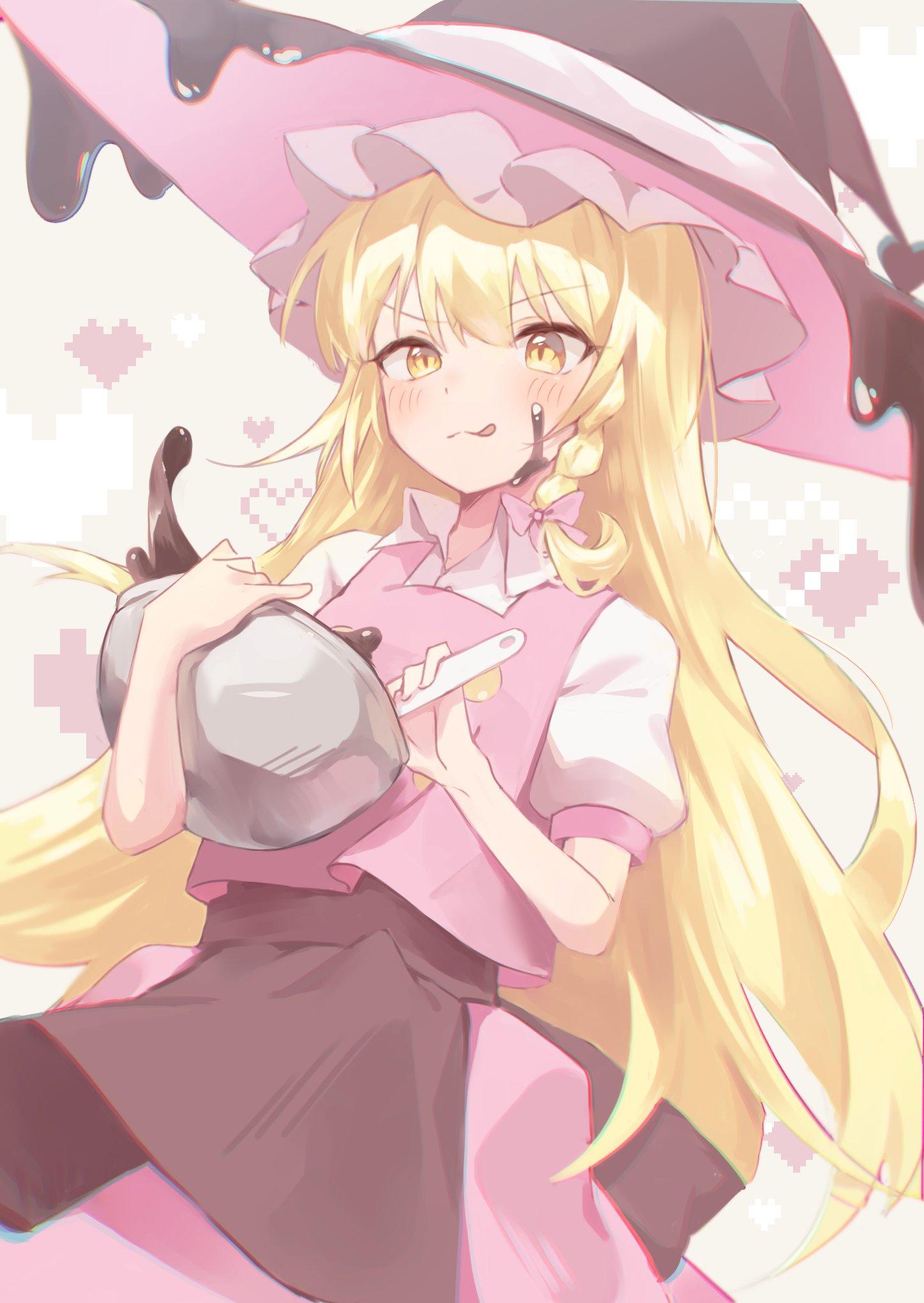 1girl adapted_costume baking blonde_hair bow bowl braid chocolate chocolate_on_face dress food food_on_face hat heart highres holding holding_bowl kirisame_marisa long_hair long_sleeves mixing_bowl pink_bow pink_dress pink_headwear shirt solo suikario touhou very_long_hair white_background white_shirt witch_hat yellow_eyes