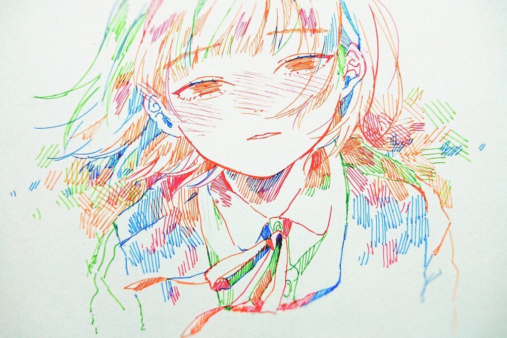 1girl bangs blush collared_shirt colorful commentary_request hatching_(texture) looking_at_viewer neck_ribbon original parted_lips pen_(medium) portrait ribbon school_uniform shirt short_hair signature simple_background solo traditional_media watanabe_tomari white_background wind