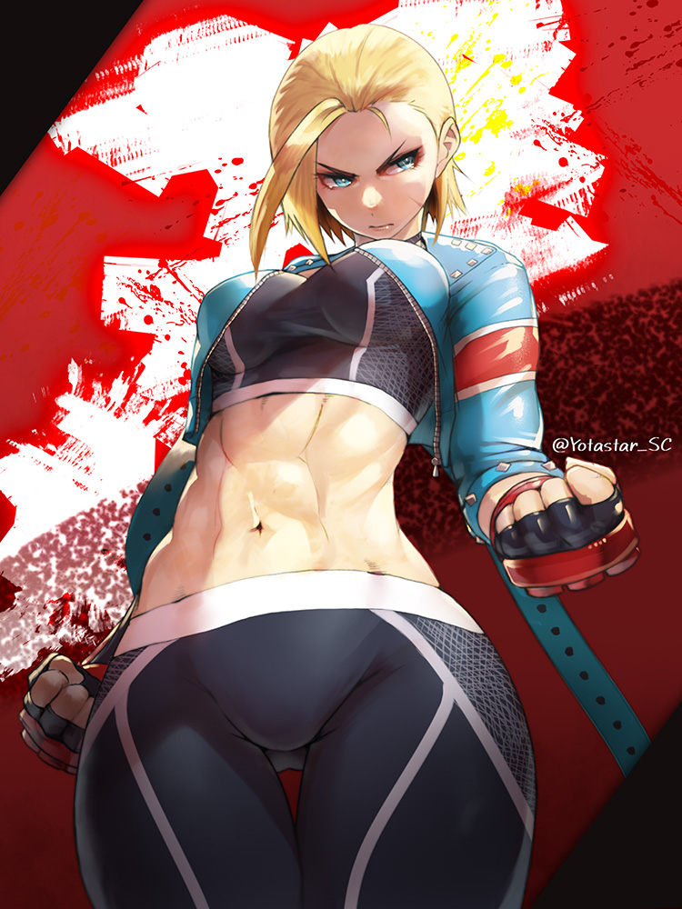 1girl abs blonde_hair cammy_white clenched_hand cropped_jacket fingerless_gloves gloves jacket midriff navel pants scar scar_on_cheek scar_on_face short_hair solo street_fighter street_fighter_6 yoga_pants yotasuta